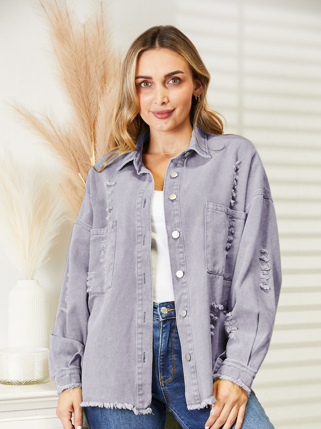 Distressed Raw Hem Denim Jacket – Trendsi | ClozArt