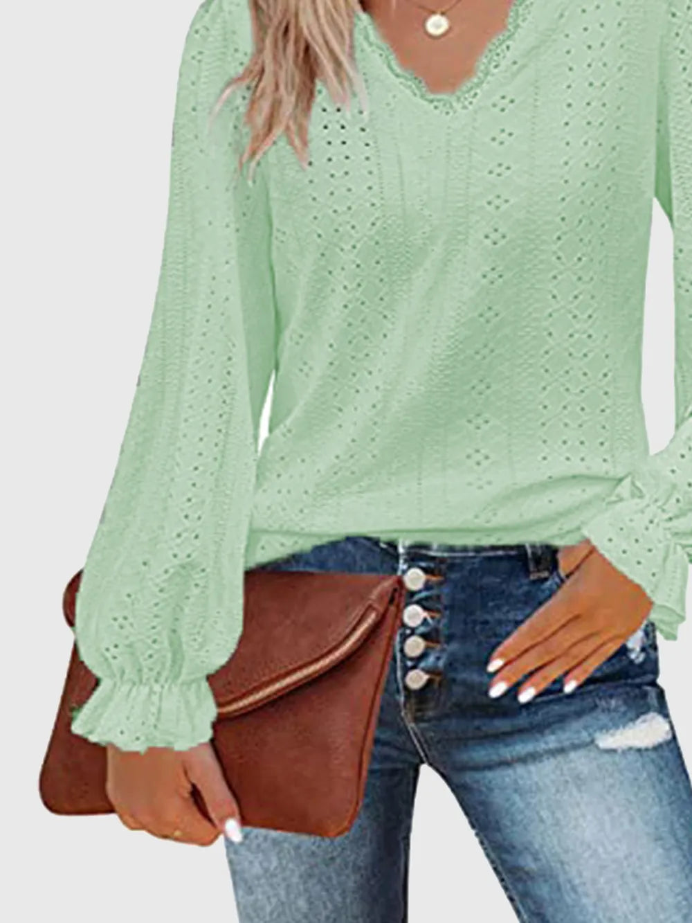 Eyelet V-Neck Flounce Sleeve Blouse – Trendsi | ClozArt