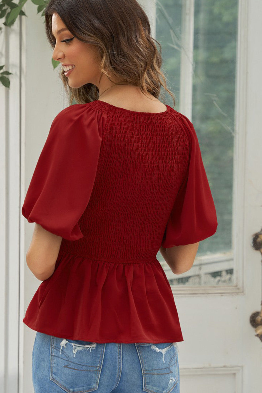 Smocked Balloon Sleeve Peplum Blouse – Trendsi | ClozArt