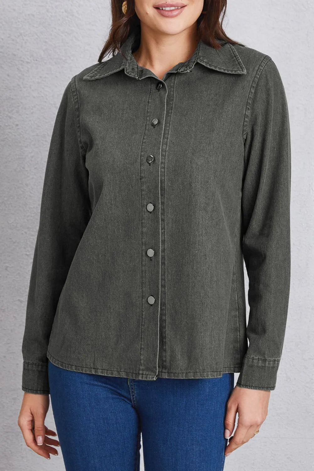 Collared Neck Button Up Denim Top – Trendsi | ClozArt