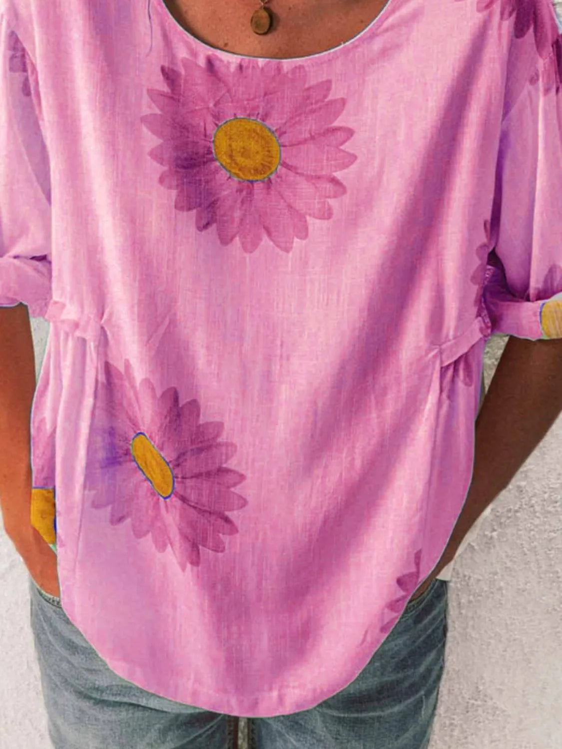 Full Size Flower Round Neck Half Sleeve T-Shirt Plus Size – Trendsi | ClozArt