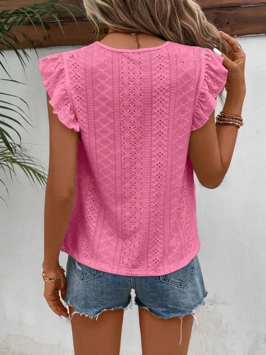 Eyelet Round Neck Cap Sleeve Top – Trendsi | ClozArt