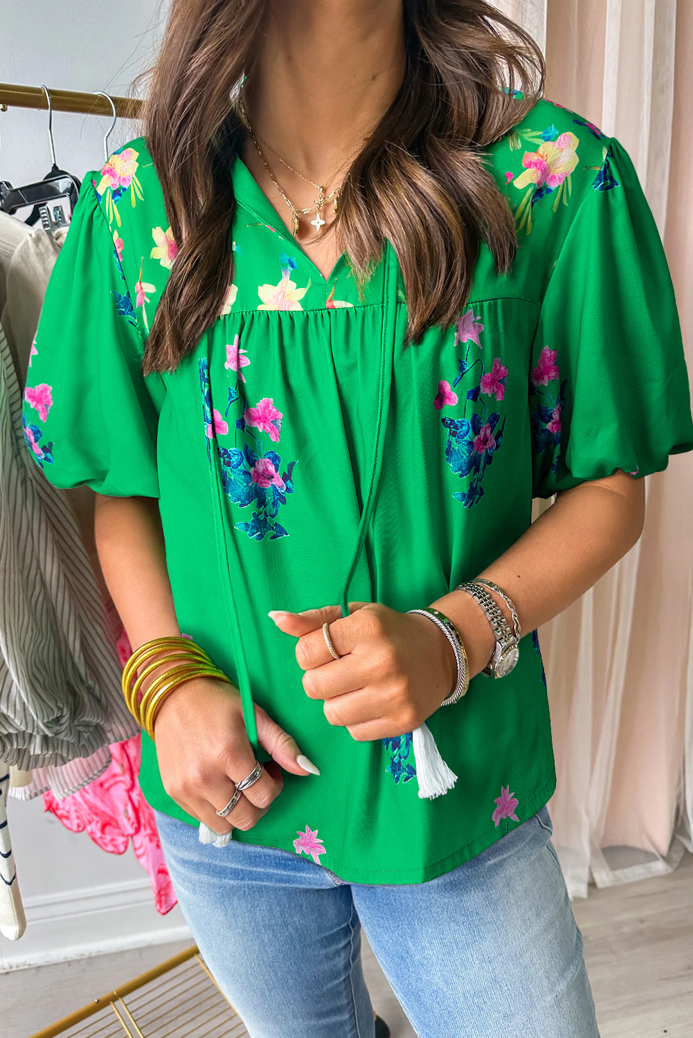 Green Floral Detail Tie Split Neck Puff Sleeve Blouse – Shewin | ClozArt