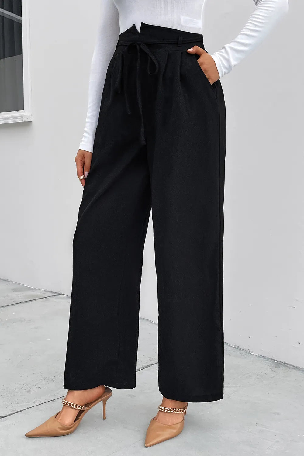Perfee High Waist Ruched Tie Front Wide Leg Pants – Trendsi | ClozArt