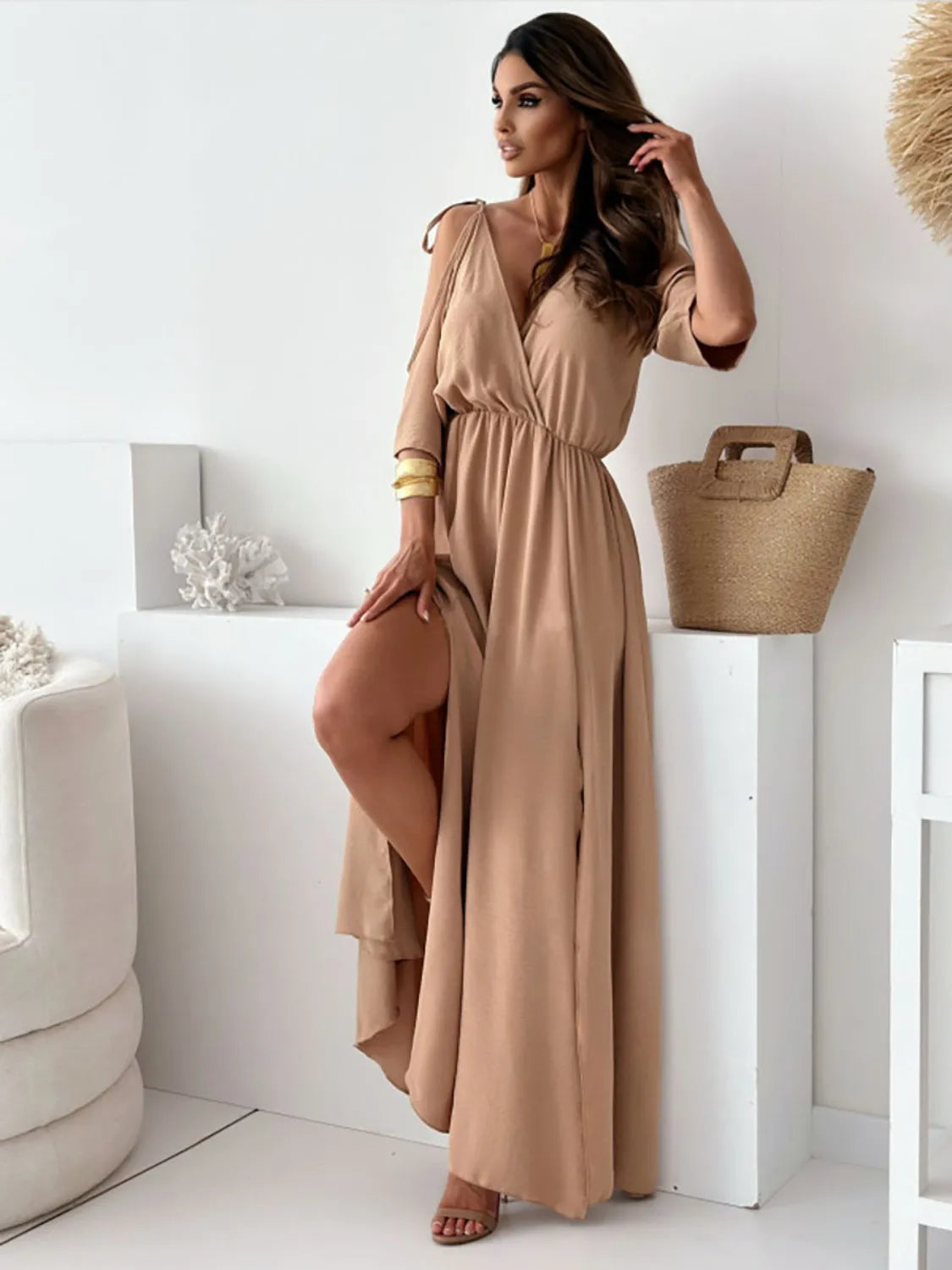 Tied Shoulder Slit Maxi Dress – Trendsi | ClozArt