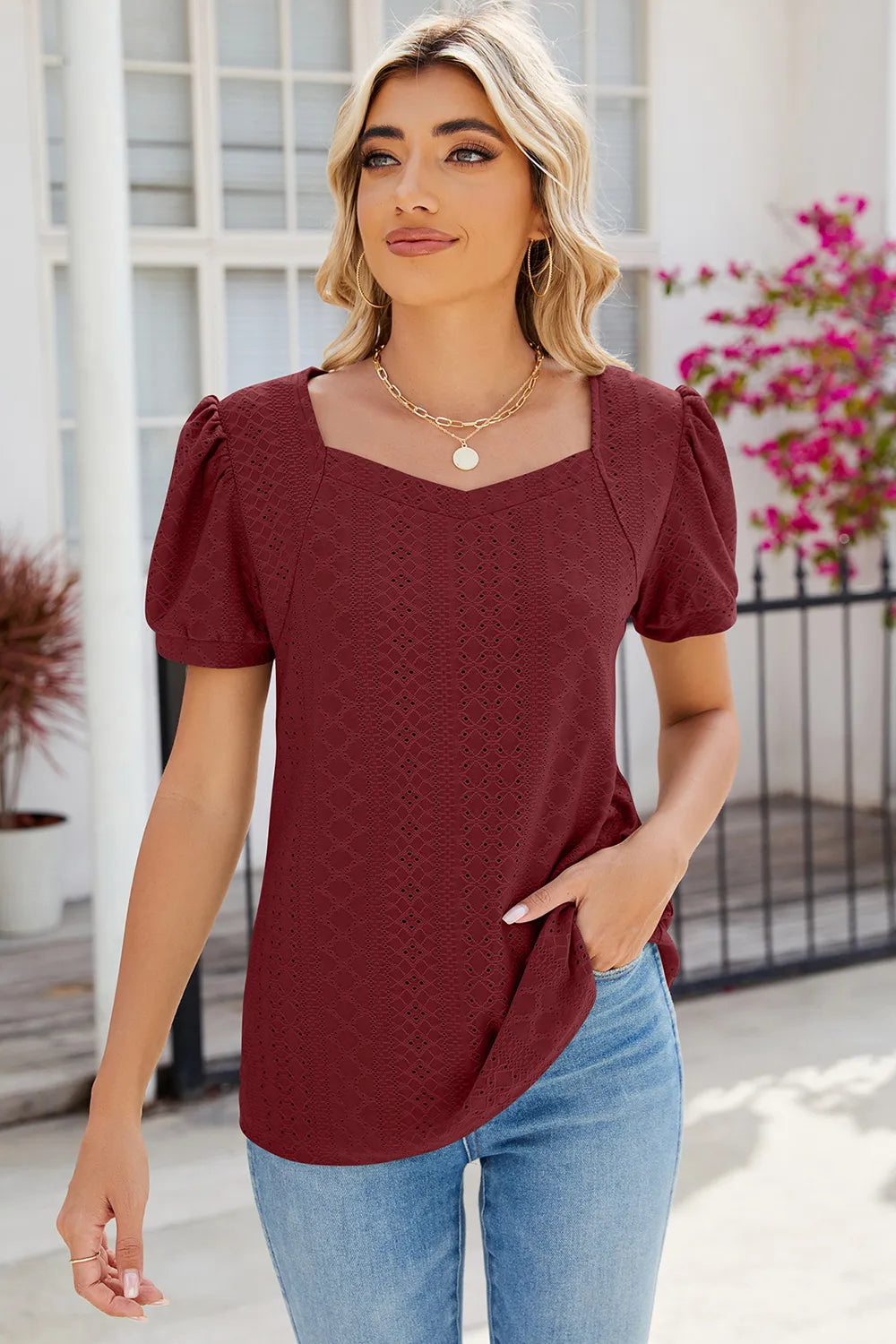 Eyelet Puff Sleeve T-Shirt – Trendsi | ClozArt
