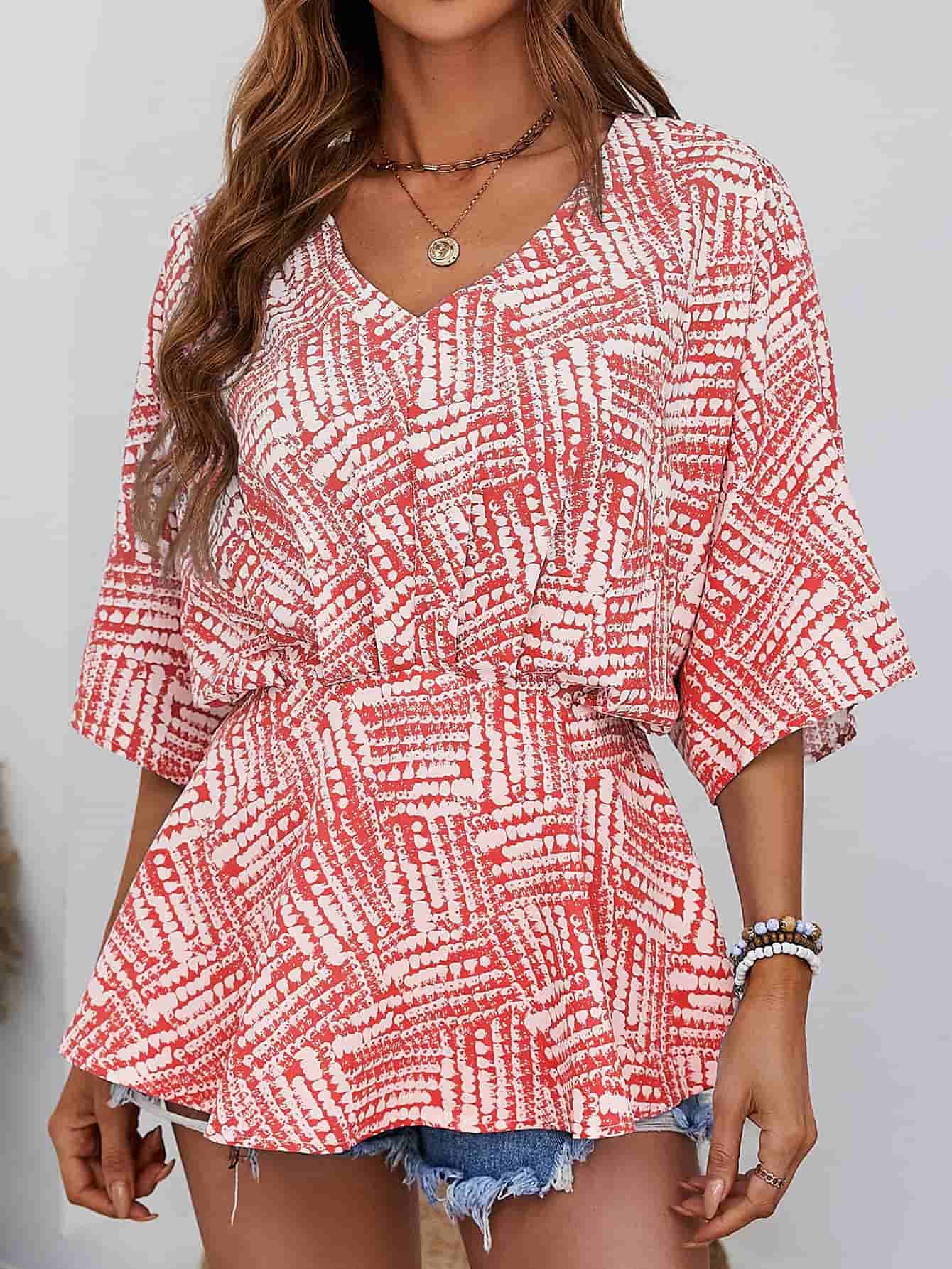 Printed V-Neck Dolman Sleeve Blouse – Trendsi | ClozArt