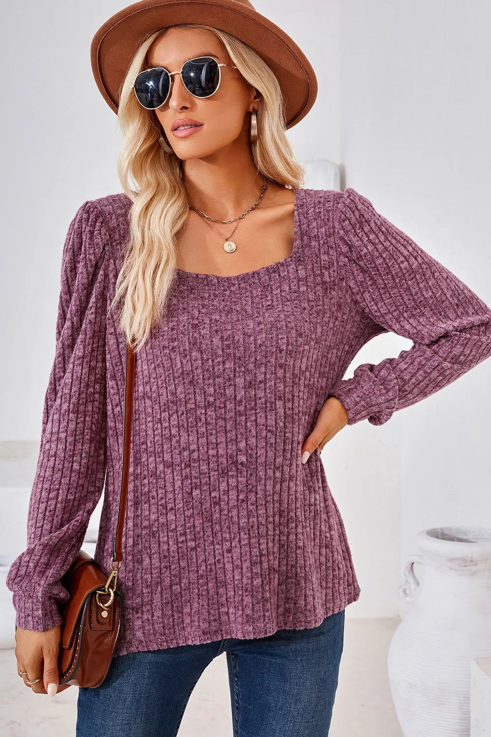 Ribbed Square Neck Long Sleeve T-Shirt – Trendsi | ClozArt