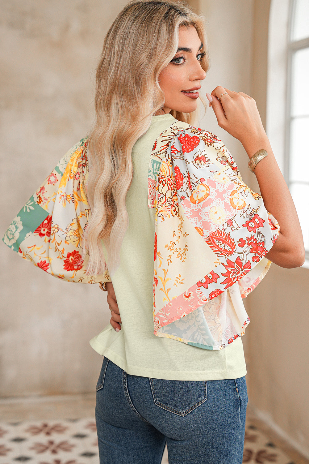 Beige Floral Patchwork Batwing Sleeve Blouse – Shewin | ClozArt