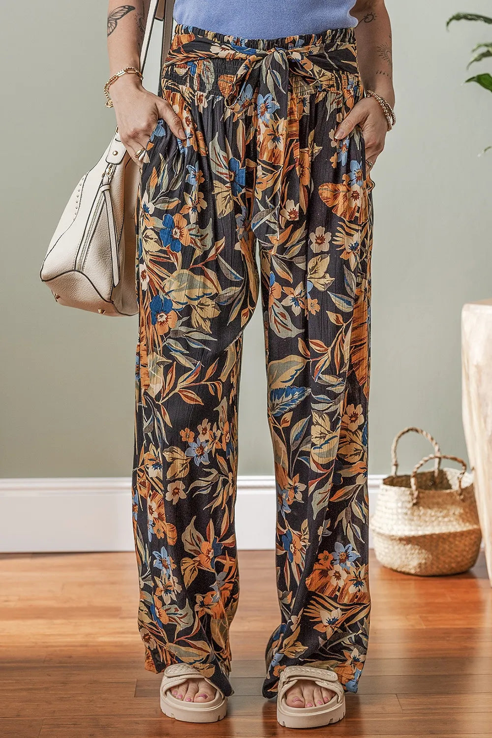 Floral Shirred High Waist Wide Leg Pants with Tie – Trendsi | ClozArt