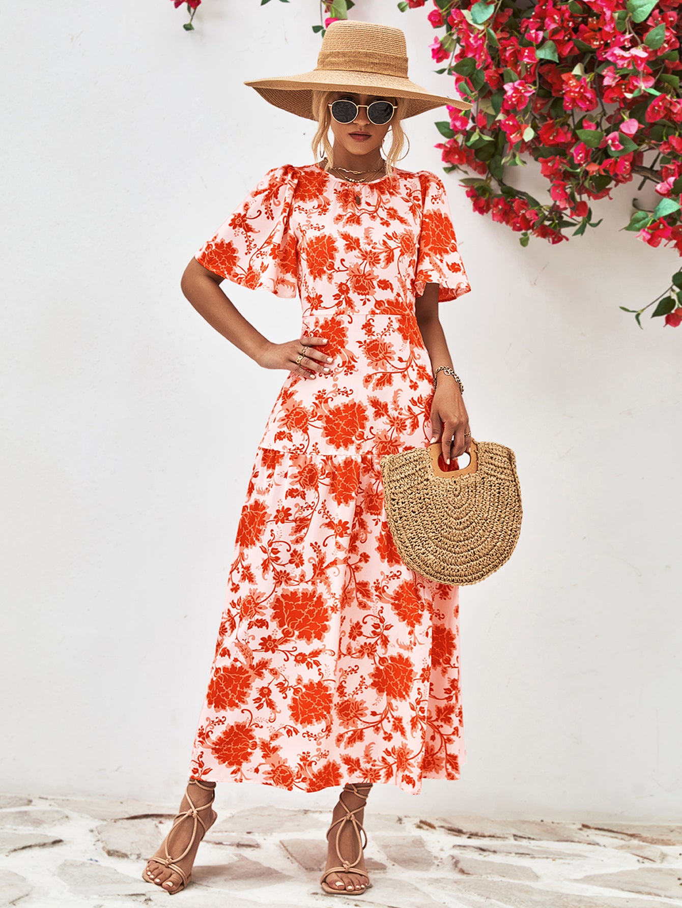 Floral Round Neck Tied Open Back Dress – Trendsi | ClozArt