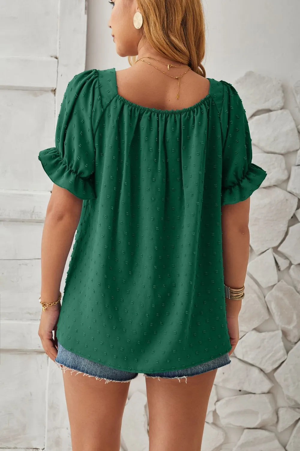 Swiss Dot Smocked Square Neck Short Sleeve T-Shirt – Trendsi | ClozArt