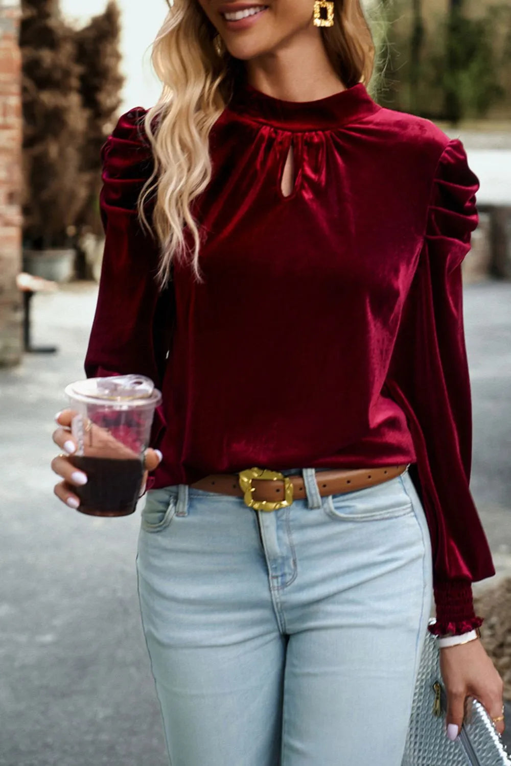 Tie Up Mock Neck Velvet Fabric Long Sleeve Blouse – Trendsi | ClozArt