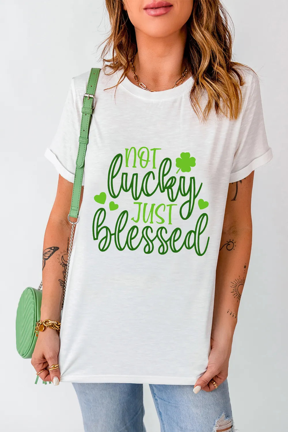 NOT LUCKY JUST BLESSED Round Neck T-Shirt – Trendsi | ClozArt
