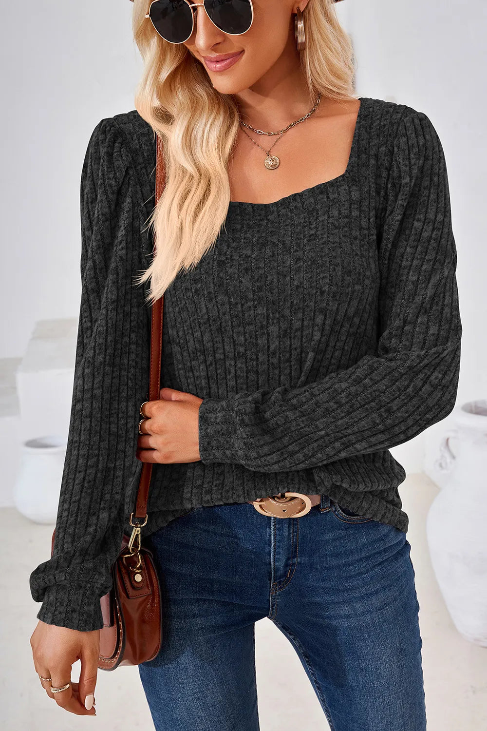 Ribbed Square Neck Long Sleeve T-Shirt – Trendsi | ClozArt