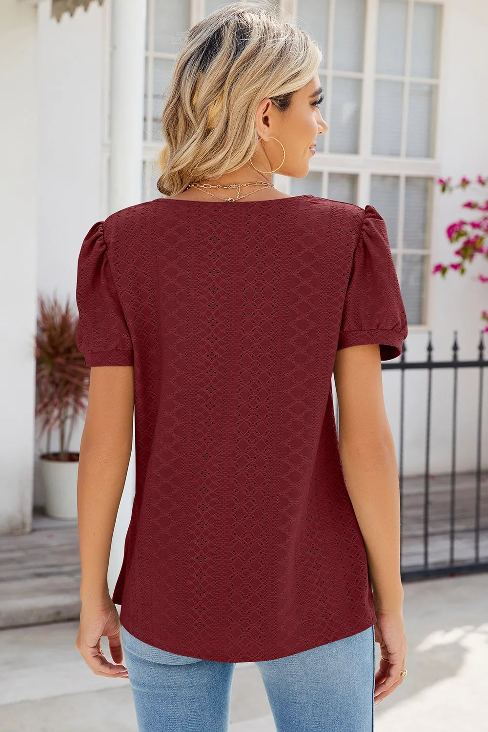 Eyelet Puff Sleeve T-Shirt – Trendsi | ClozArt