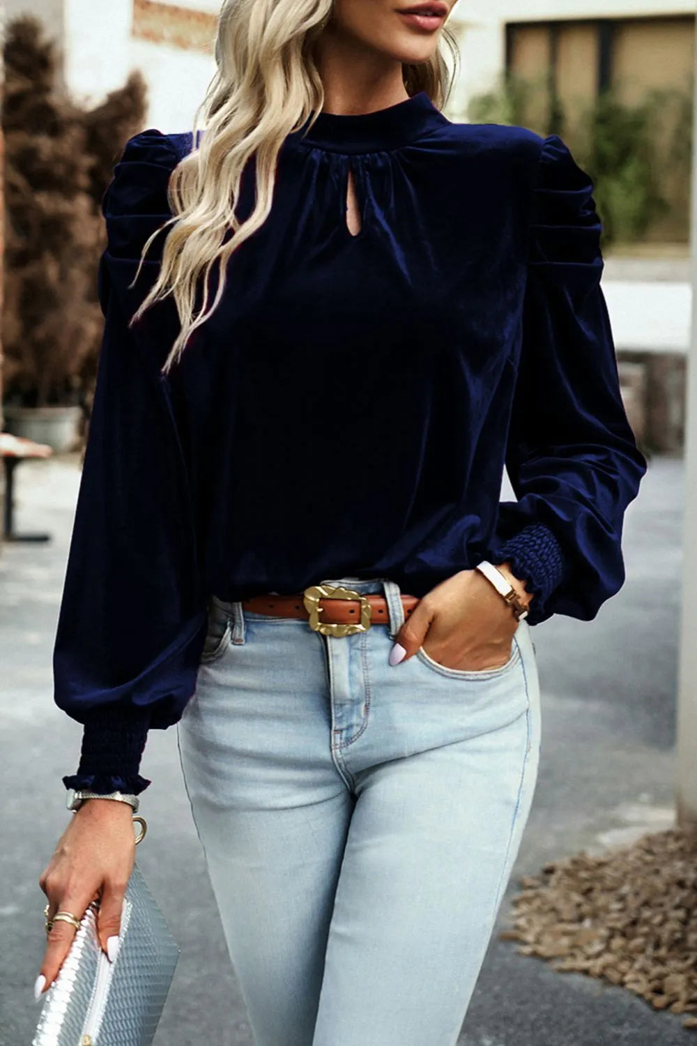 Tie Up Mock Neck Velvet Fabric Long Sleeve Blouse – Trendsi | ClozArt