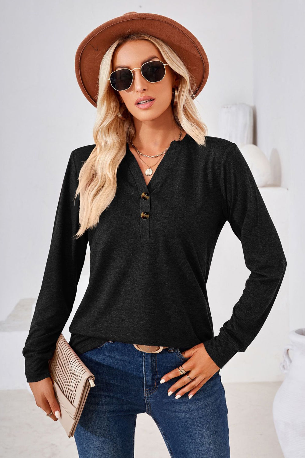 V-Neck Buttoned Long Sleeve Blouse – Trendsi | ClozArt