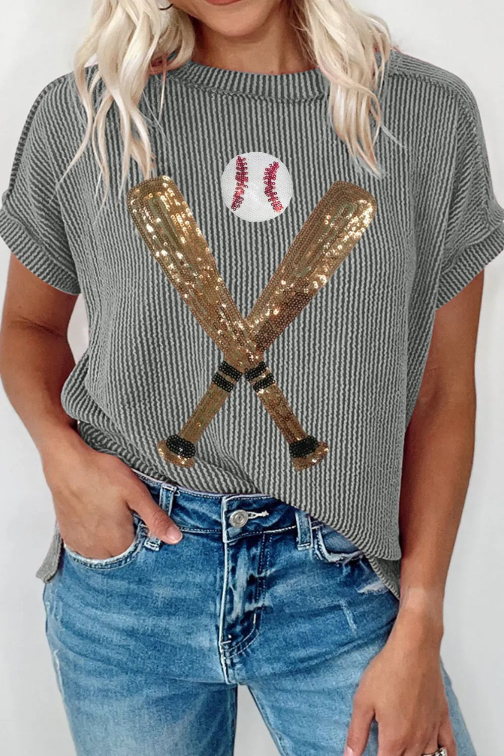 Sequin Baseball Round Neck Short Sleeve T-Shirt – Trendsi | ClozArt