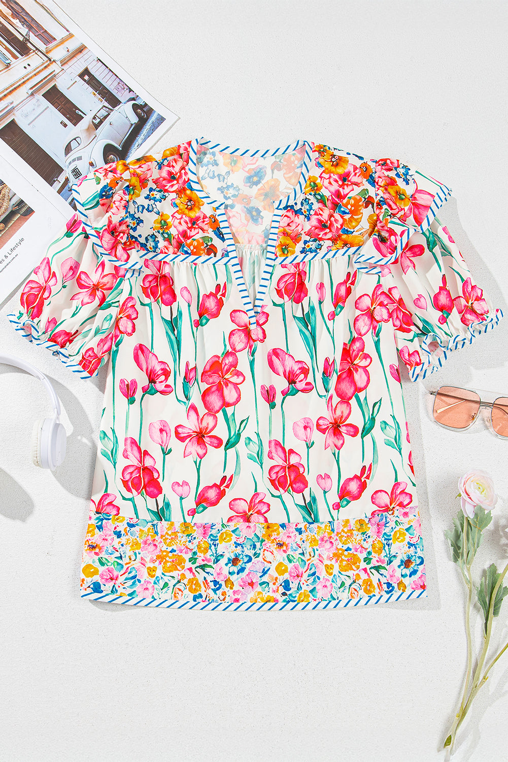 Pink Floral Print Striped Detail Split Neck Short Sleeve Blouse – Shewin | ClozArt