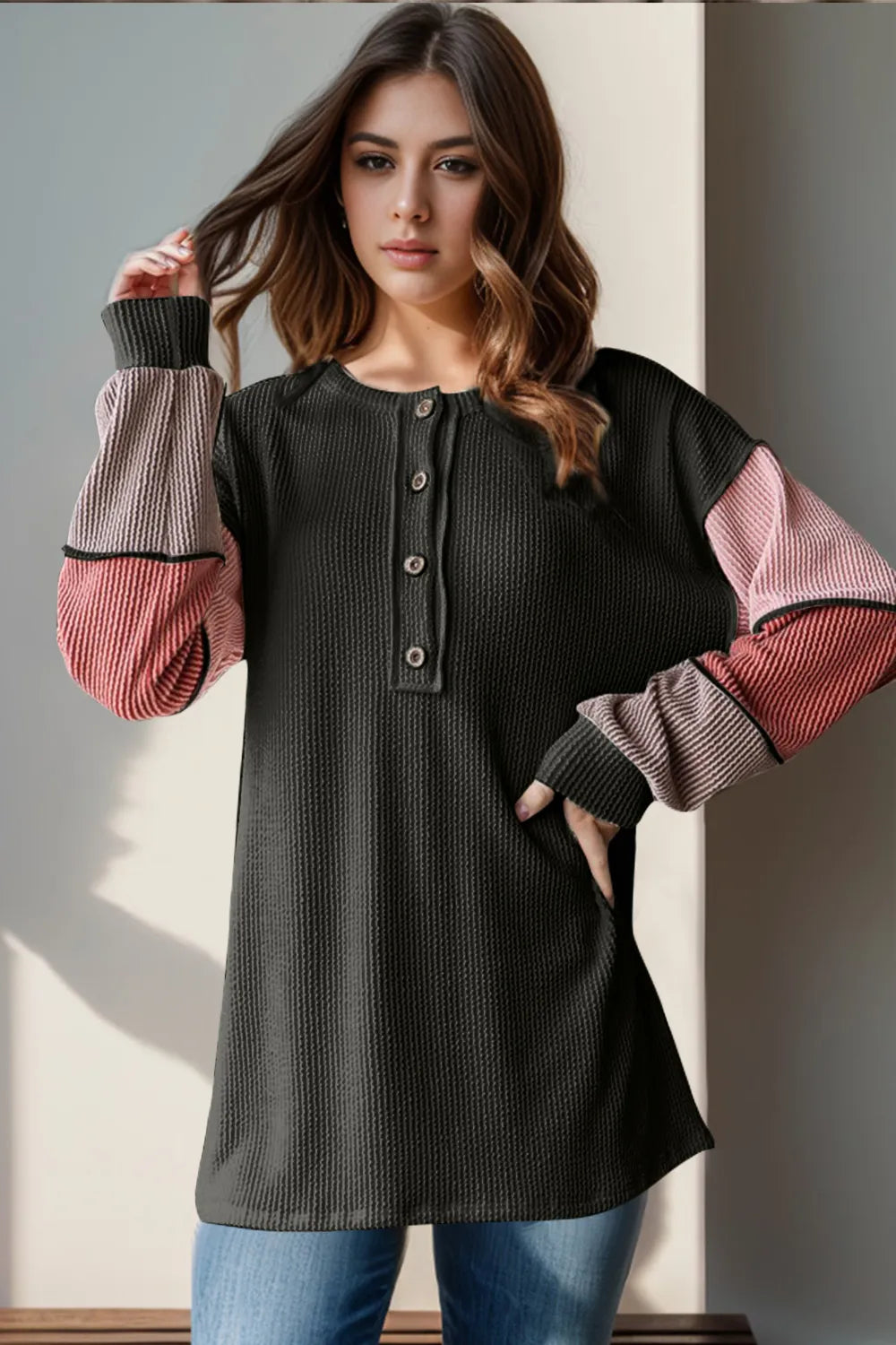 Double Take Full Size Color Block Round Neck Long Sleeve T-Shirt – Trendsi | ClozArt