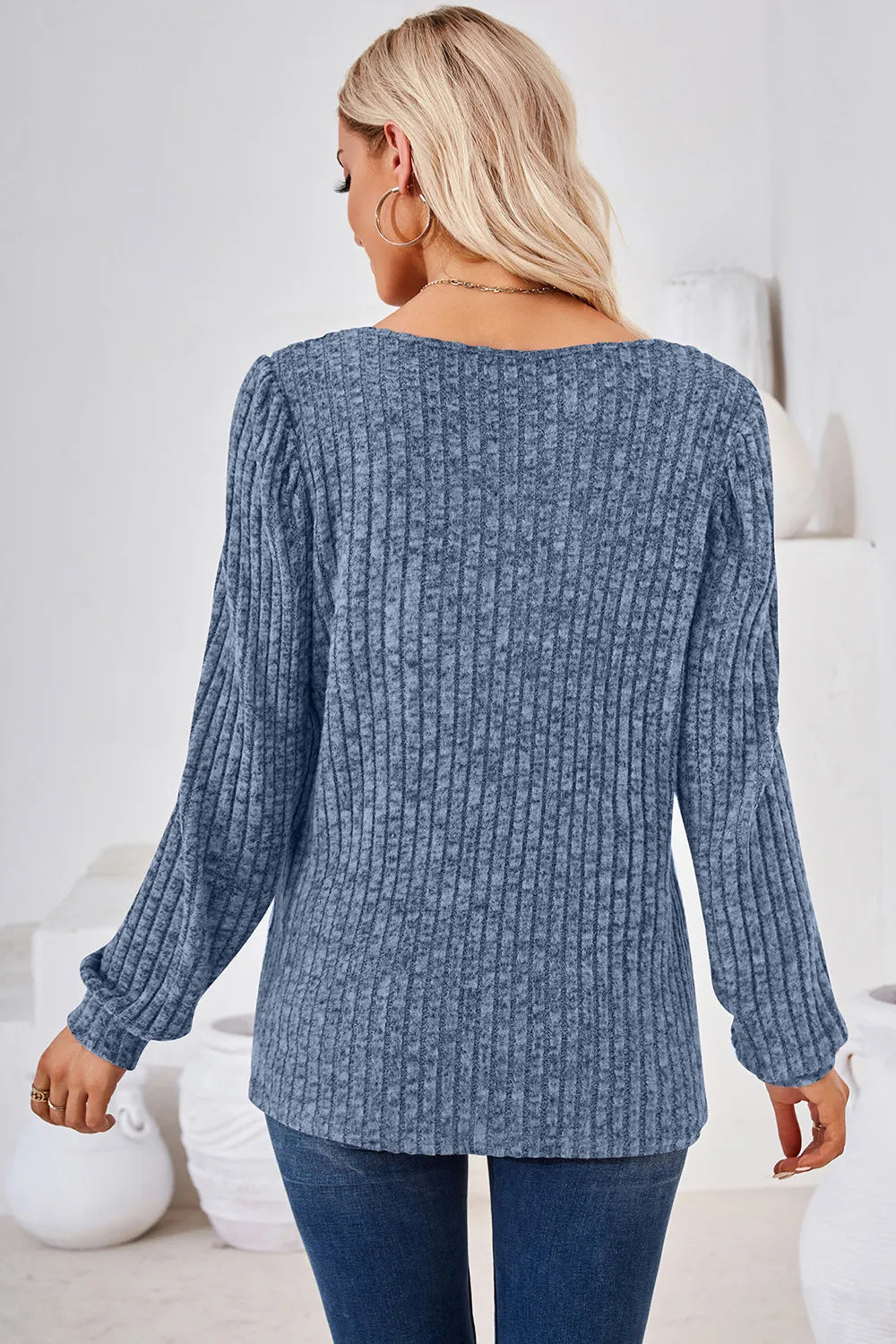 Ribbed Square Neck Long Sleeve T-Shirt – Trendsi | ClozArt