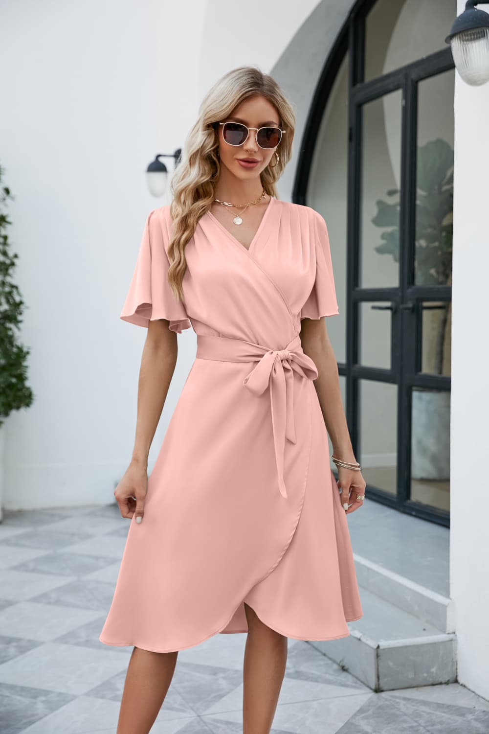 Tie Waist Flutter Sleeve Surplice Dress – Trendsi | ClozArt