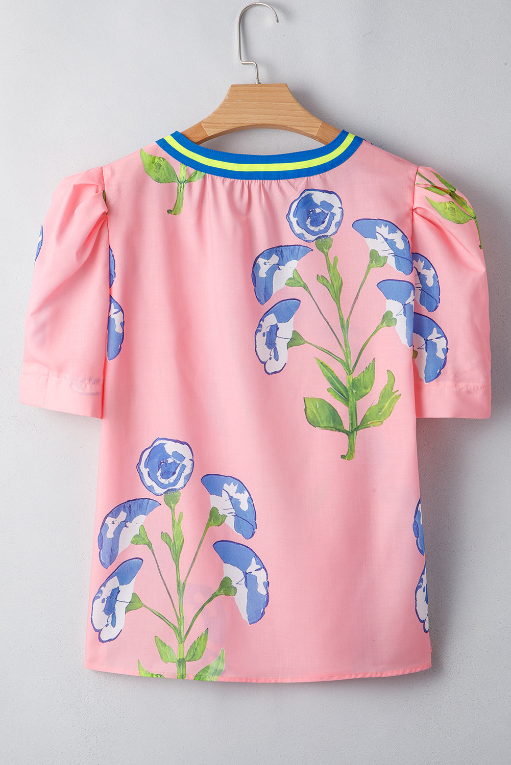 Pink Puff Sleeve Floral Pop of Color Neckline Blouse – Shewin | ClozArt