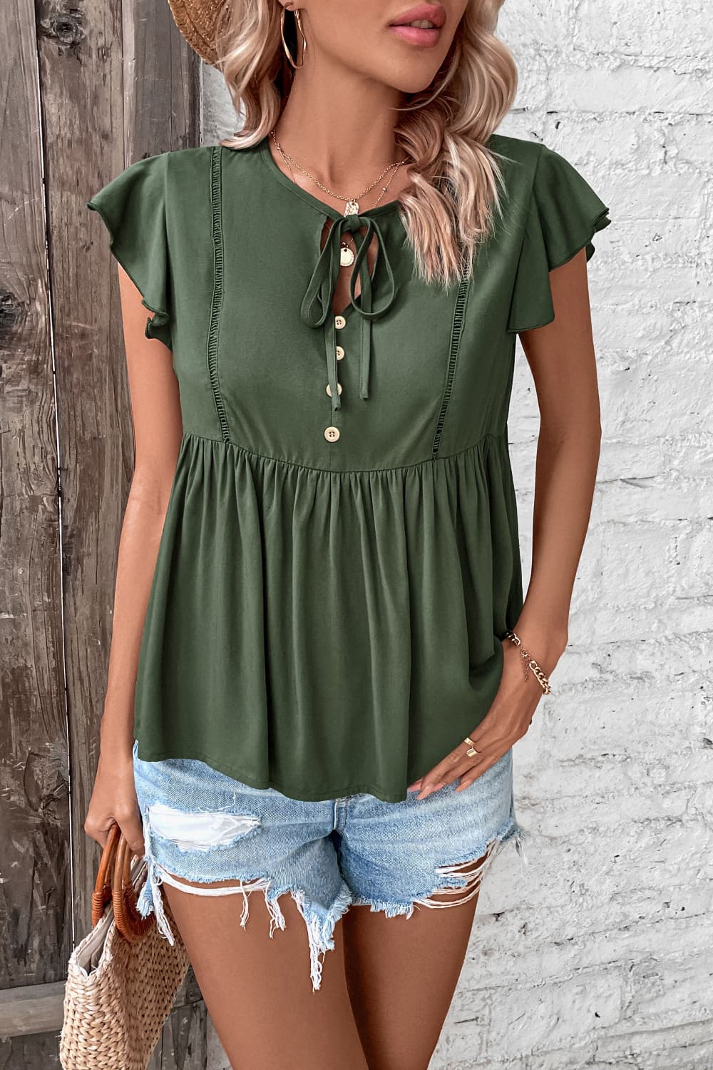 Perfee Buttoned Tie Neck Flutter Sleeve Babydoll Top – Trendsi | ClozArt