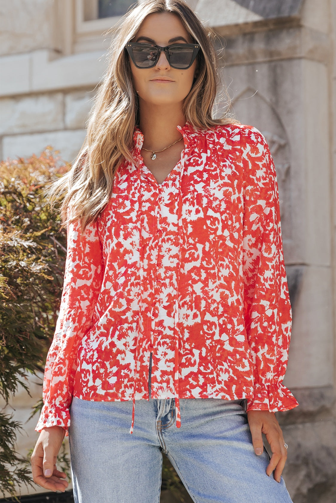 Printed Tie Neck Flounce Sleeve Blouse – Trendsi | ClozArt