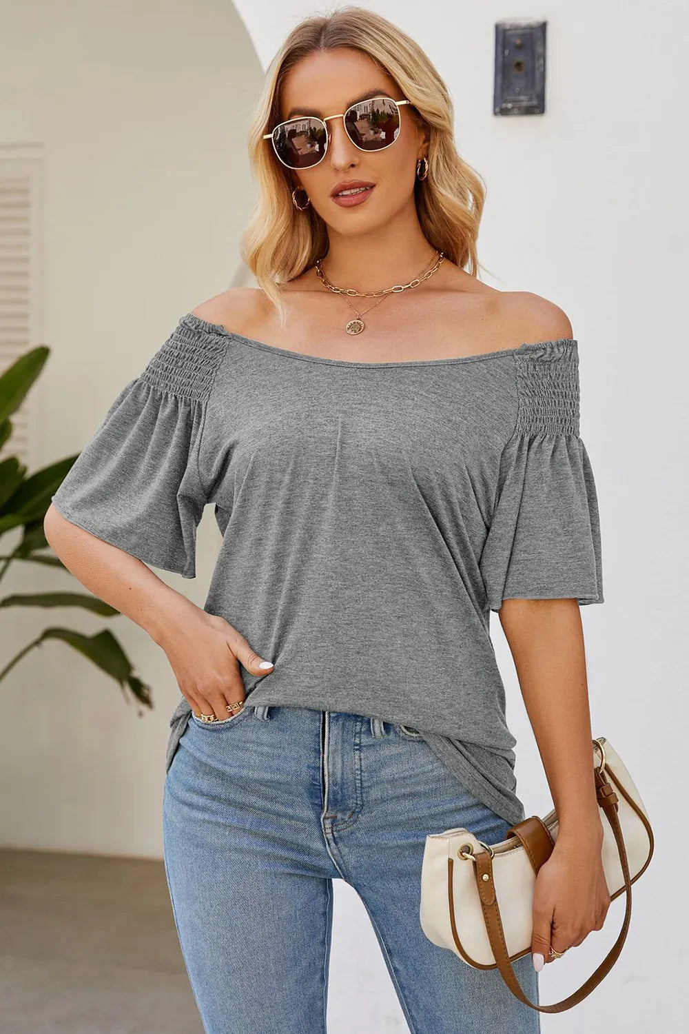 Smocked Round Neck Flutter Sleeve T-Shirt – Trendsi | ClozArt