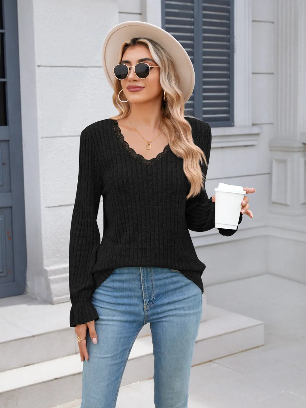 Lace Detail V-Neck Long Sleeve T-Shirt – Trendsi | ClozArt