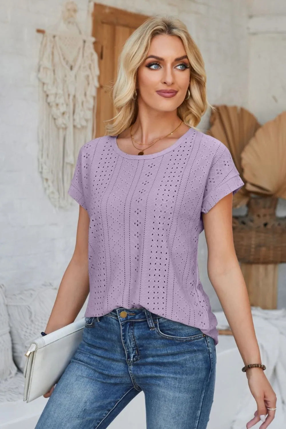 Eyelet Round Neck Rolled Short Sleeve T-Shirt – Trendsi | ClozArt