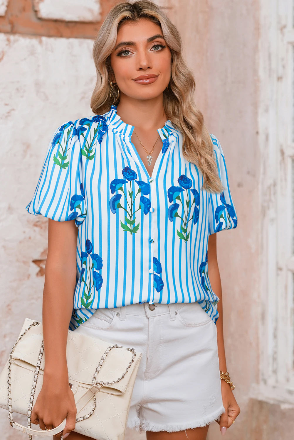 Sky Blue Stripe Boho Floral Print Frill V Neck Puff Sleeve Blouse – Shewin | ClozArt