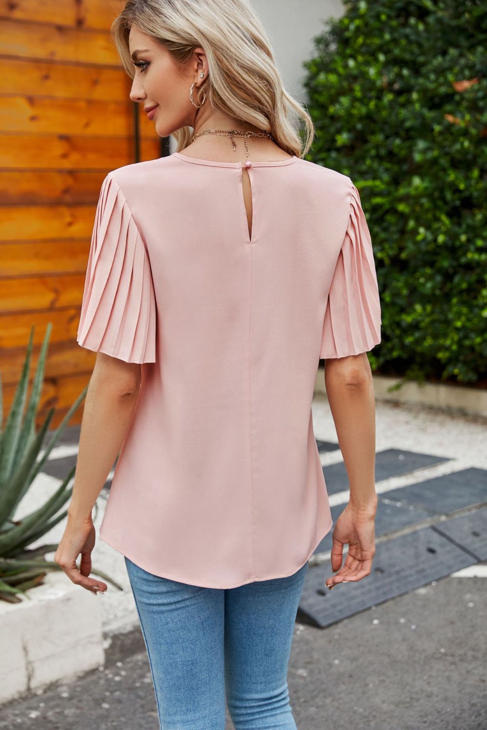 Pleated Flutter Sleeve Round Neck Blouse – Trendsi | ClozArt