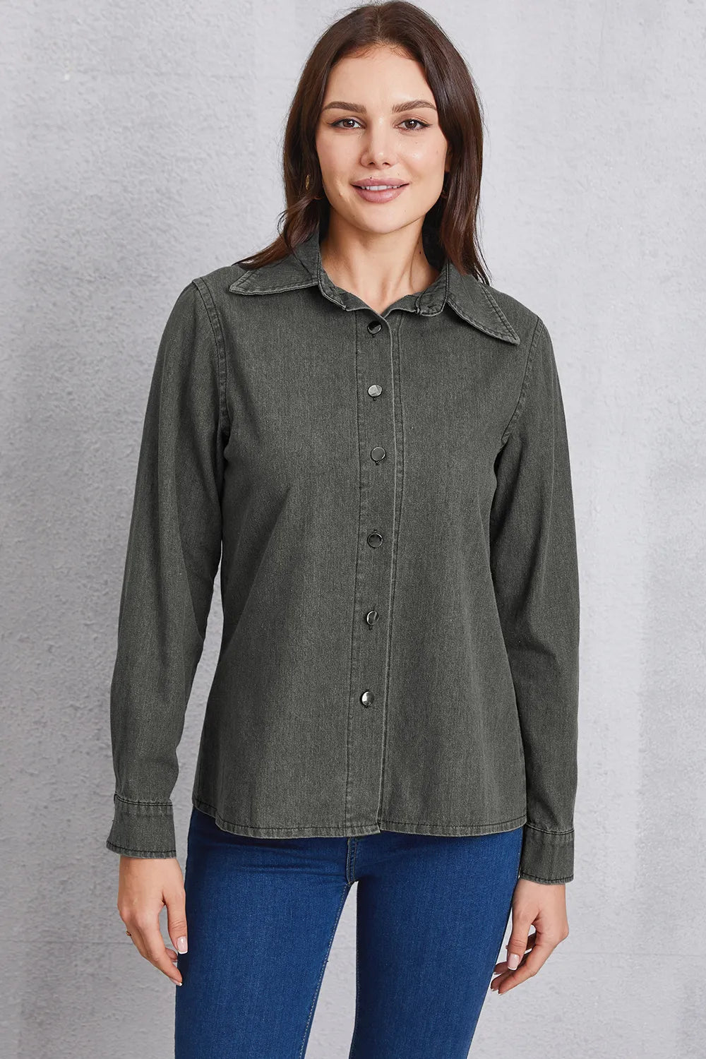 Collared Neck Button Up Denim Top – Trendsi | ClozArt