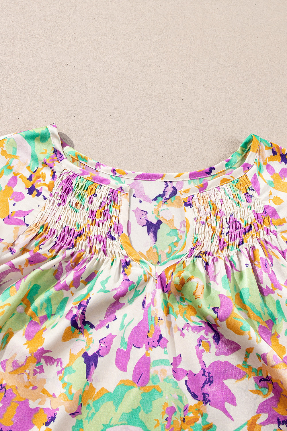 Purple Abstract Print Ruffled Short Sleeve Notched Neck Blouse – Shewin | ClozArt
