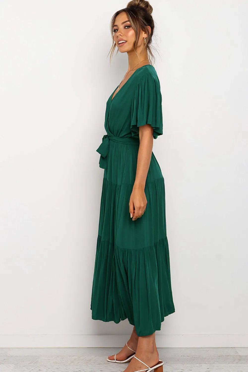 Front Tie Short Sleeve Tiered Midi Dress – Trendsi | ClozArt