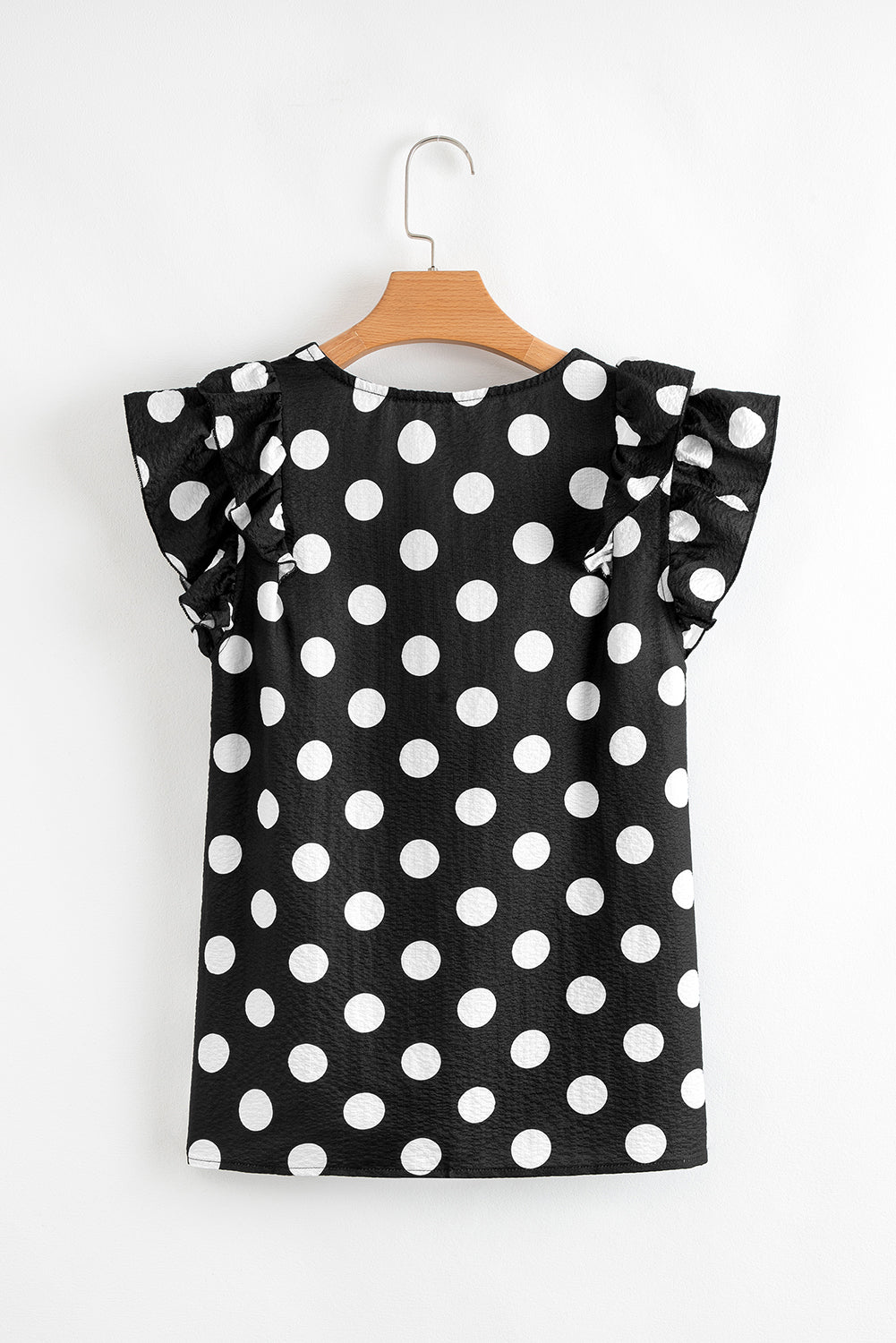Black Polka Dot Print V Neck Ruffle Blouse – Shewin | ClozArt