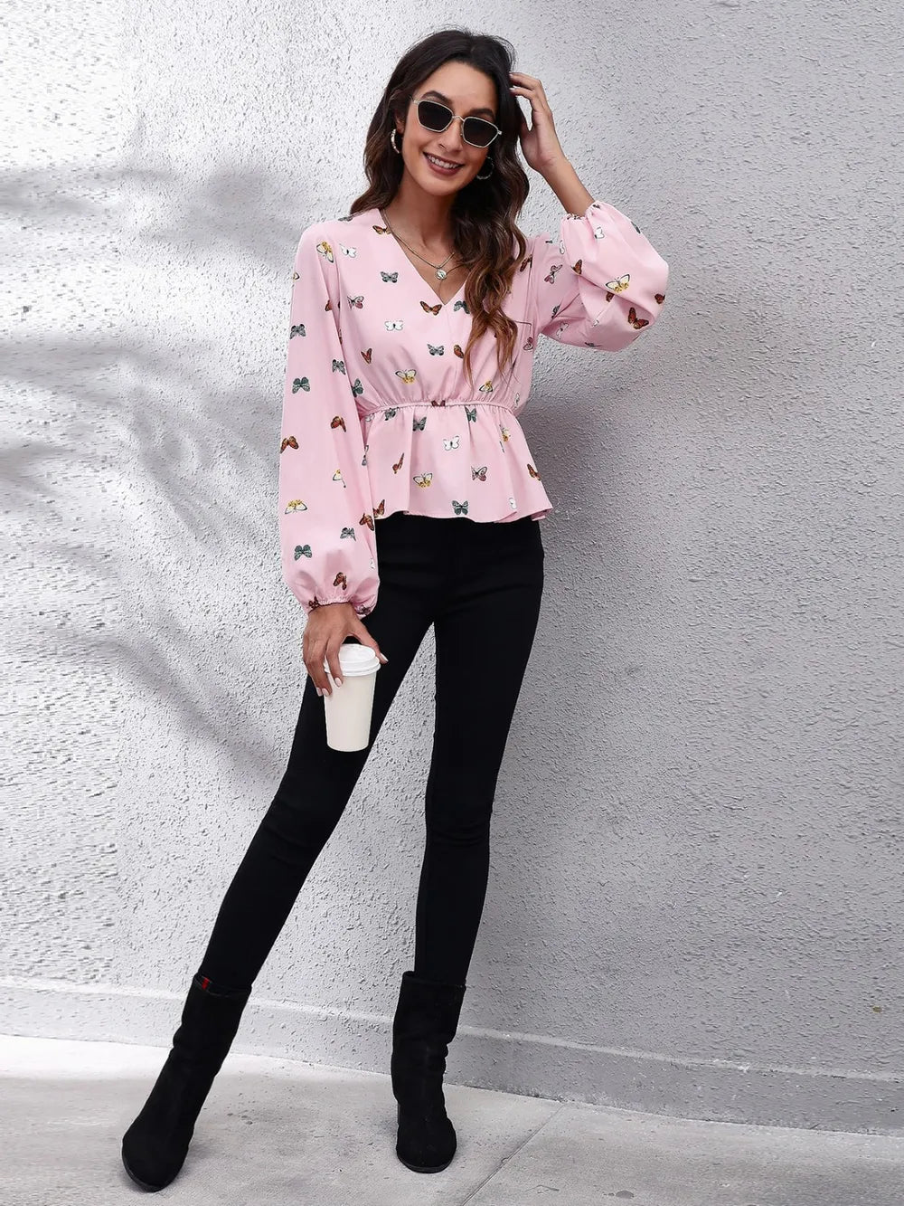 Butterfly V-Neck Balloon Sleeve Peplum Blouse – Trendsi | ClozArt