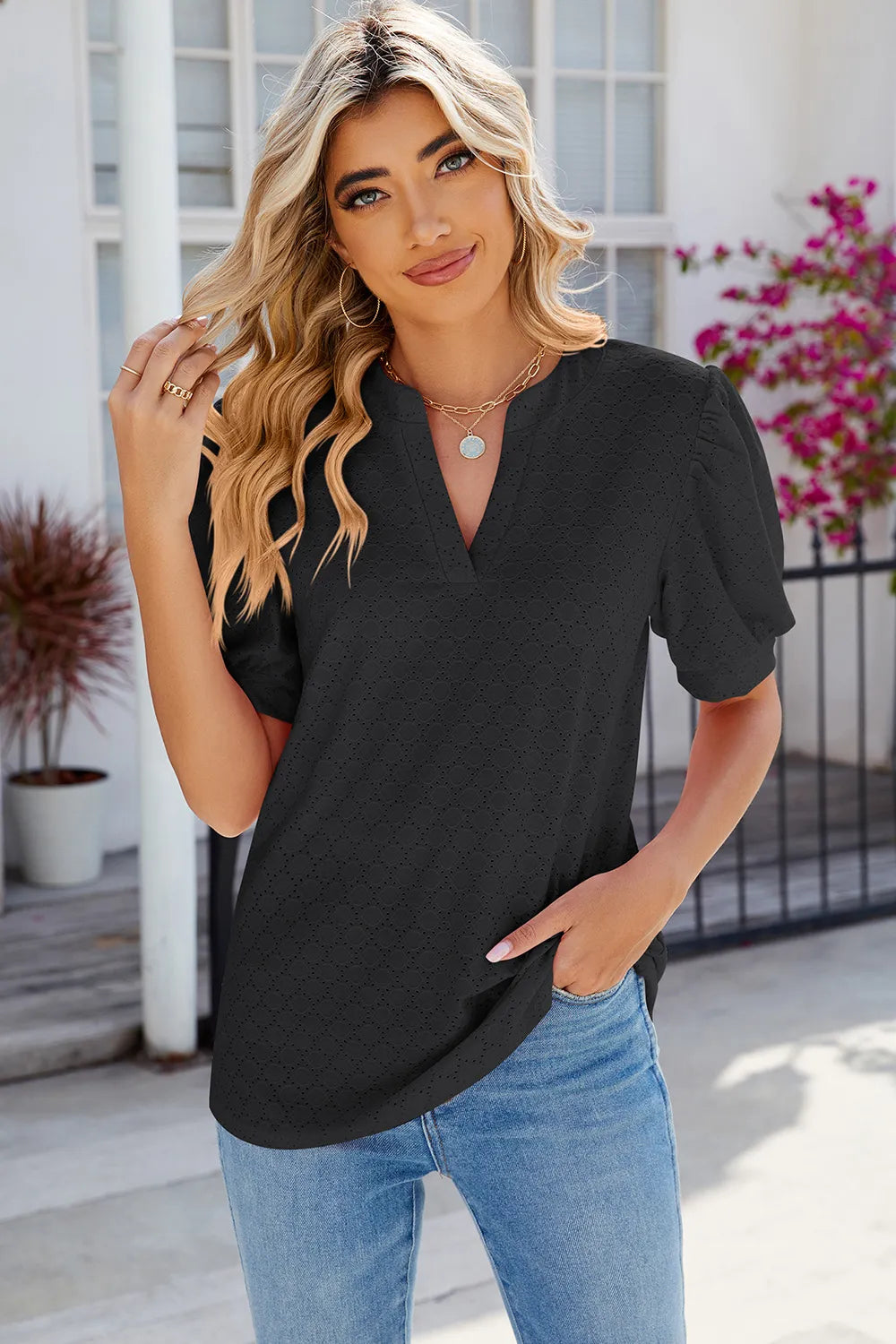 Eyelet Notched Puff Sleeve T-Shirt – Trendsi | ClozArt