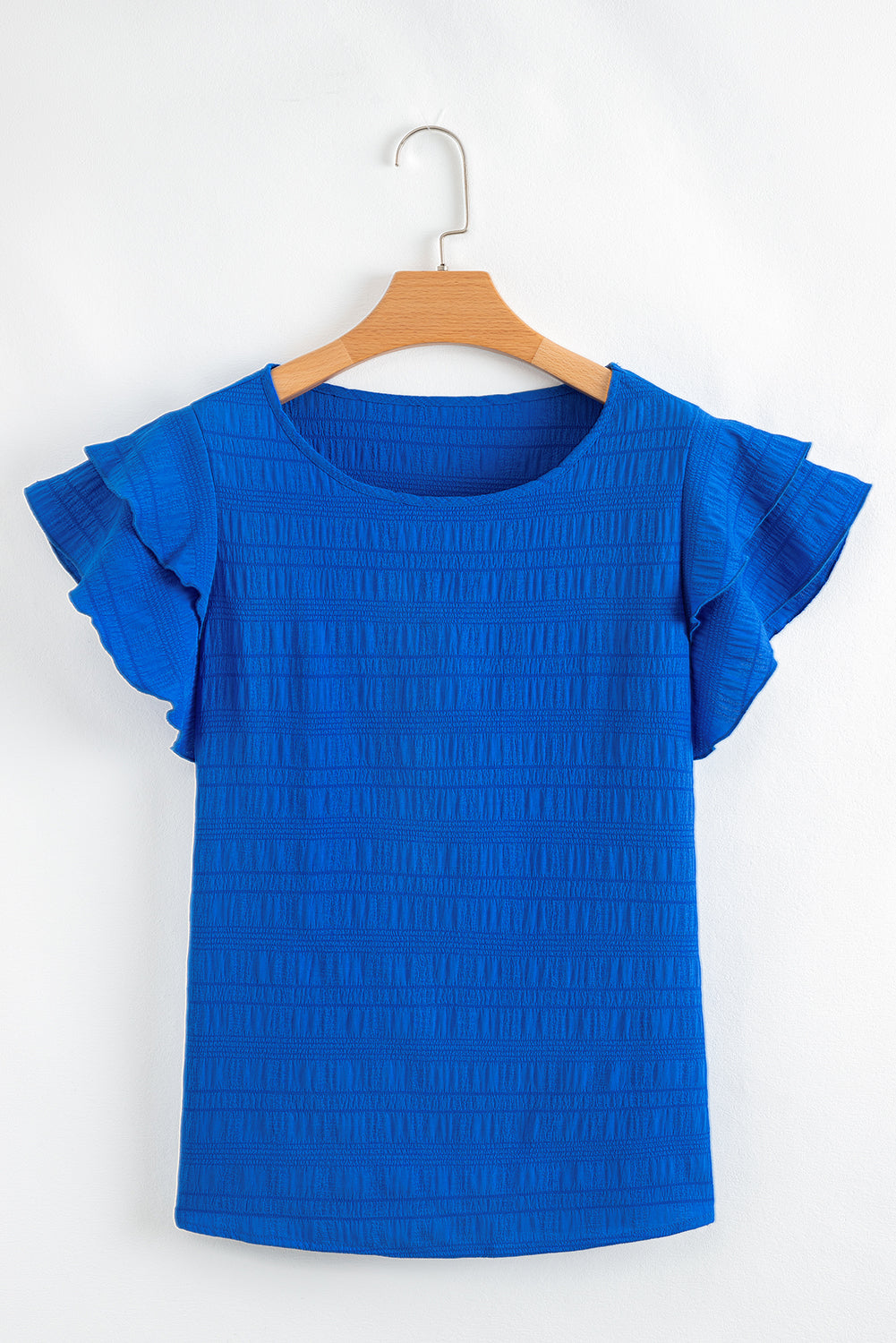 Dark Blue Ruffle Sleeve Textured Smocked Blouse – Shewin | ClozArt