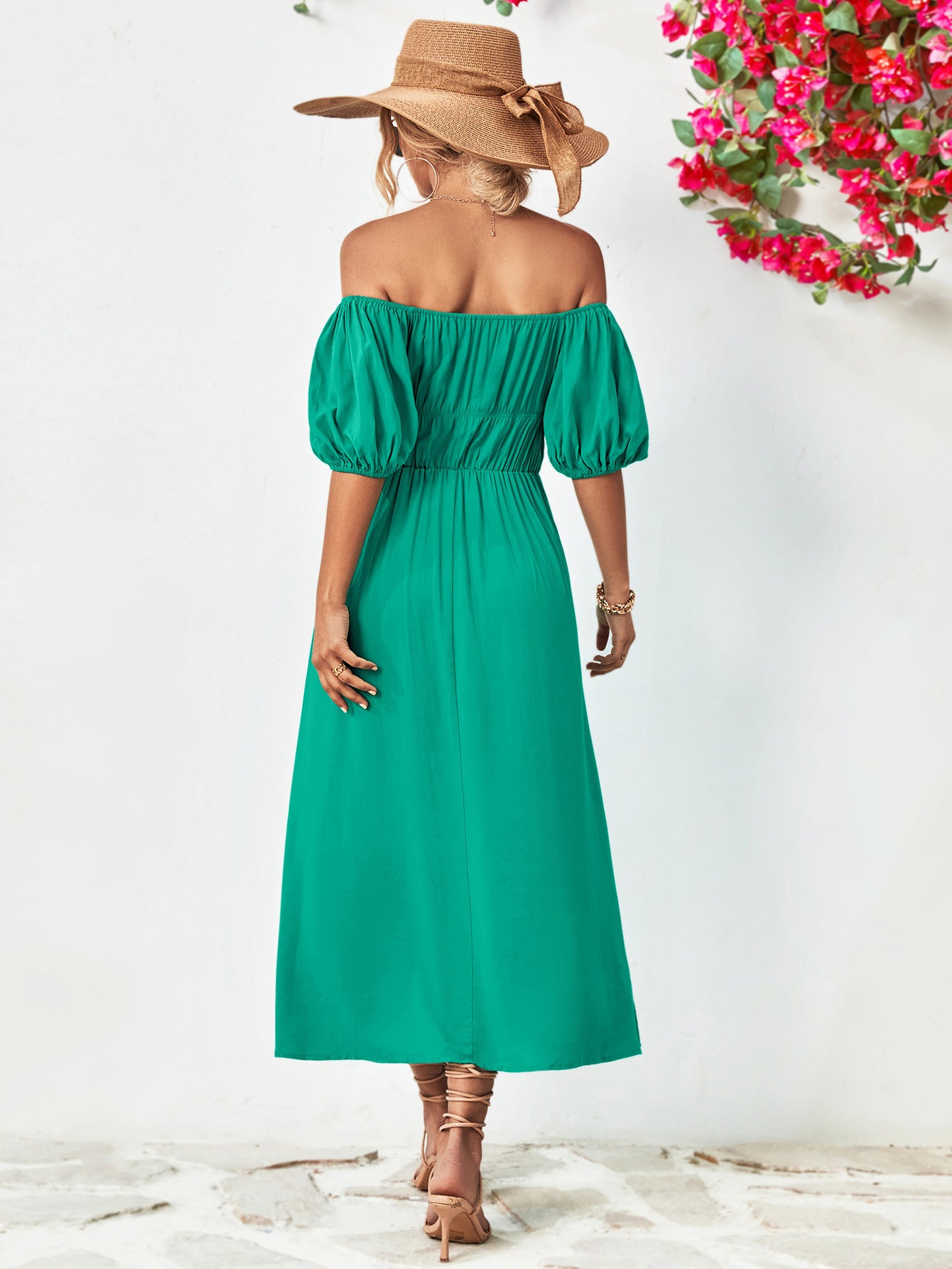 Off-Shoulder Balloon Sleeve Midi Dress – Trendsi | ClozArt