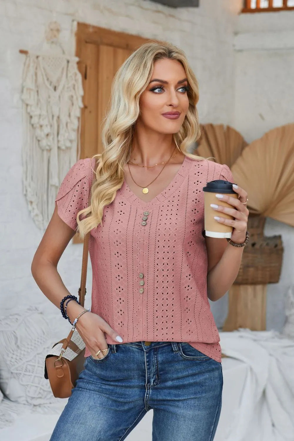 Decorative Button Eyelet V-Neck Short Sleeve T-Shirt – Trendsi | ClozArt