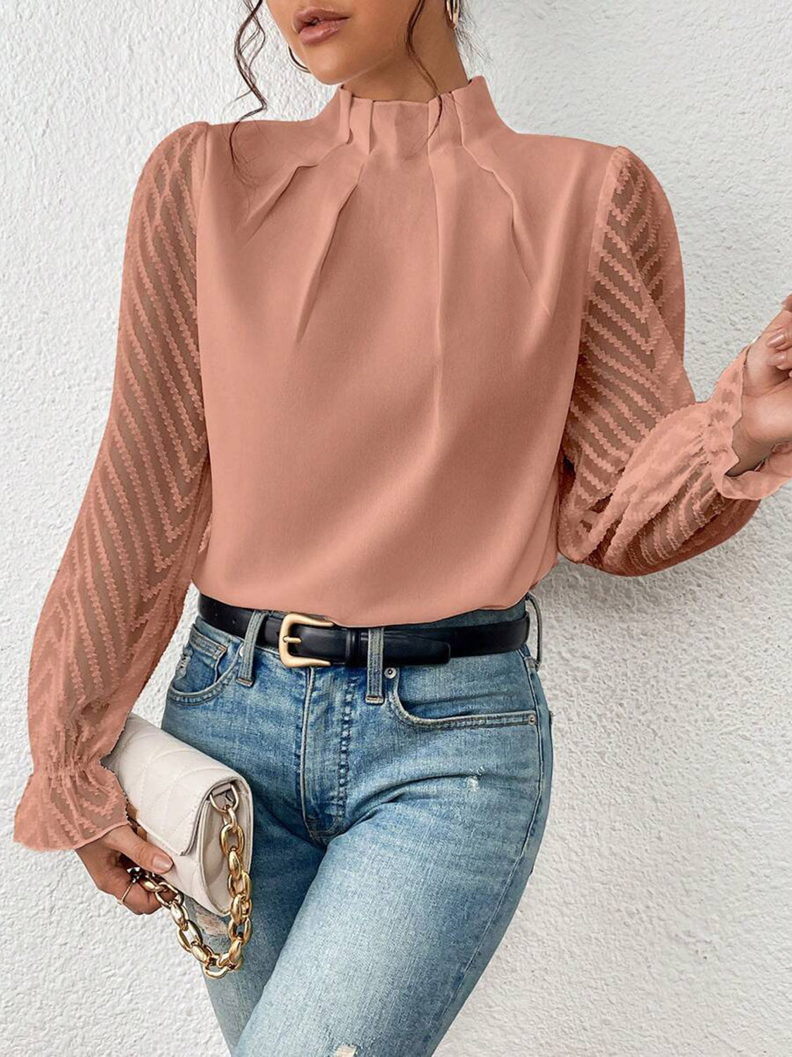Mock Neck Flounce Sleeve Blouse – Trendsi | ClozArt