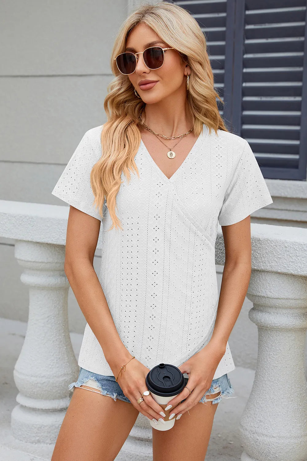 Eyelet Surplice Short Sleeve T-Shirt – Trendsi | ClozArt