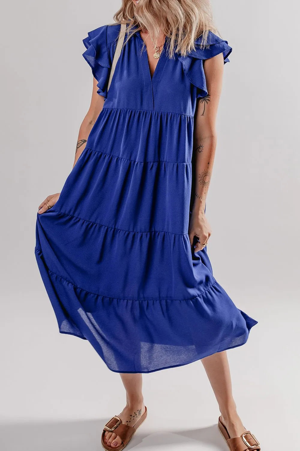 Ruffled Short Sleeve Collared V Neck Tiered Midi Dress – Trendsi | ClozArt