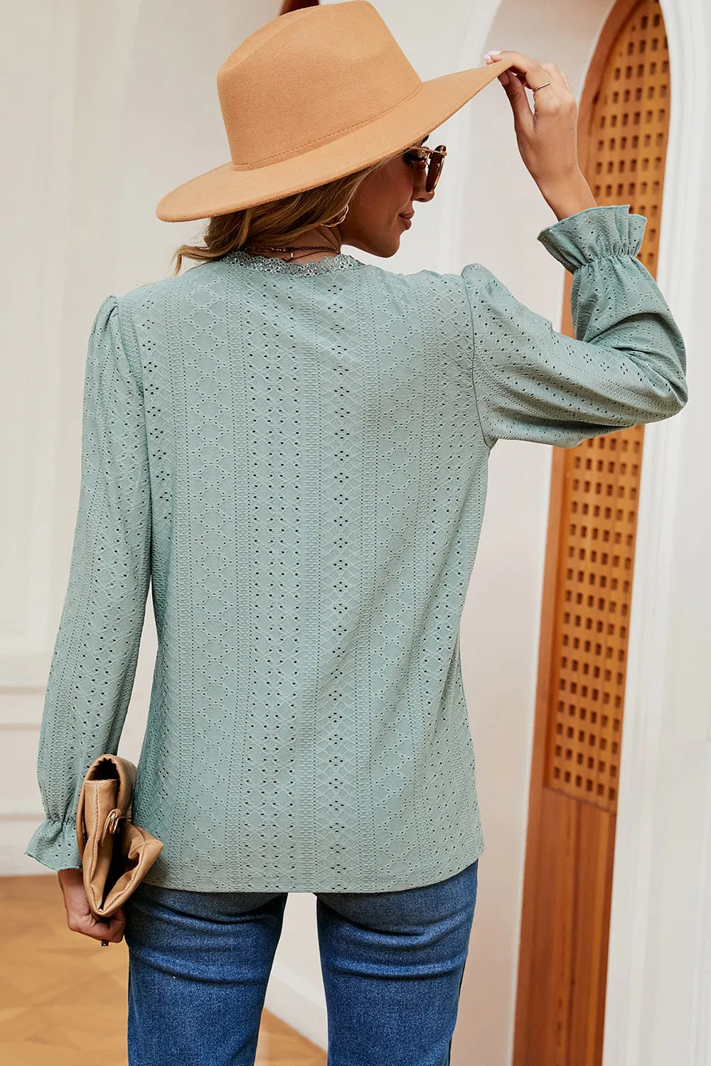 Eyelet V-Neck Flounce Sleeve T-Shirt – Trendsi | ClozArt