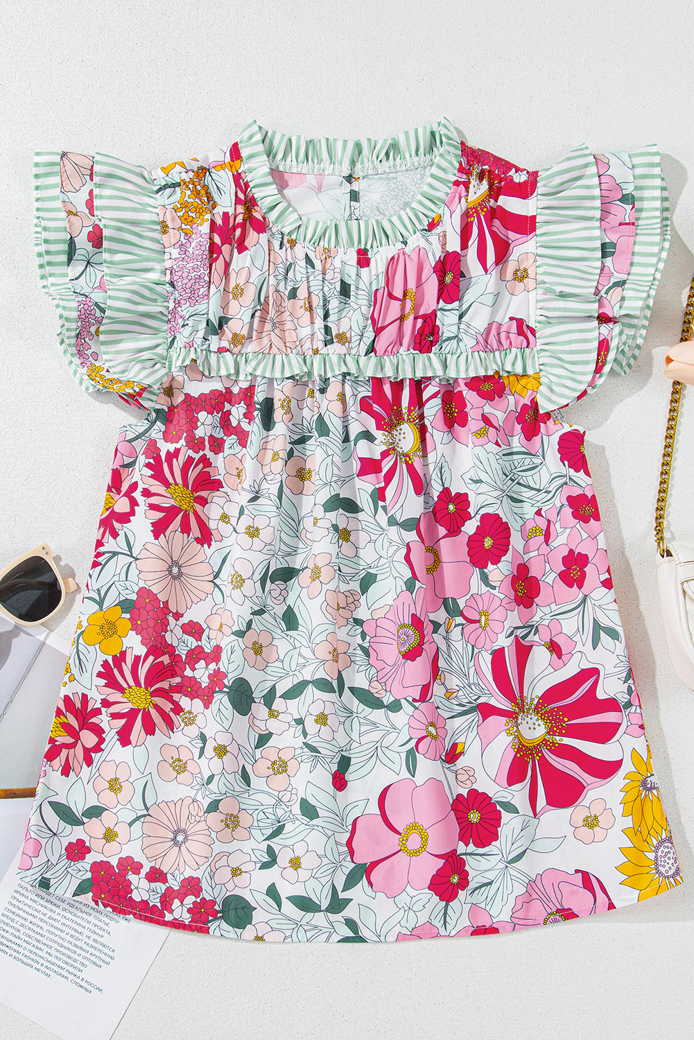 Pink Floral Print Ruffle Trim Pleated Boho Blouse – Shewin | ClozArt