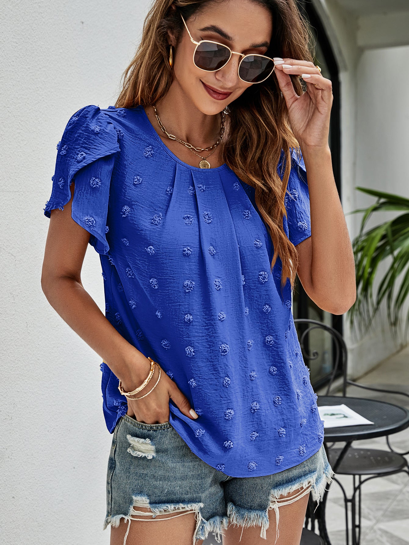 Swiss Dot Round Neck Petal Sleeve Top – Trendsi | ClozArt